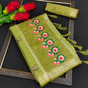 Parrot green color linen silk saree with embroidery wok