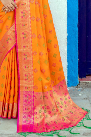 Orange color soft banarasi silk saree with meenakari design