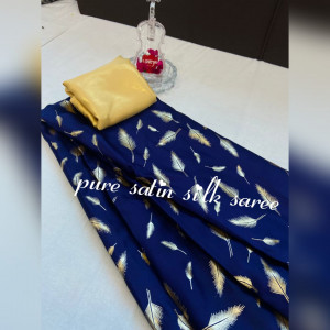 Blue color satin silk saree with floral printed work