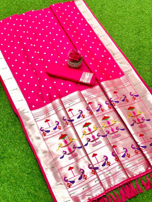 Pink color soft paithani silk saree with silver zari weaving work