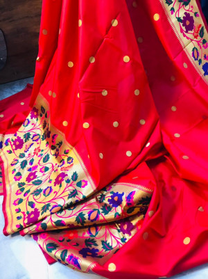 Red color paithani handloom silk saree with zari work