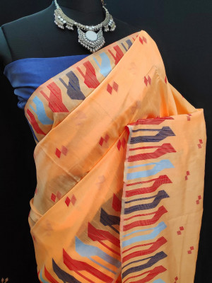 Peach color cotton silk saree with contrast  weaving work