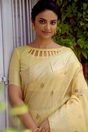 Yellow color kamchipuram tissue silk saree with zari woven work