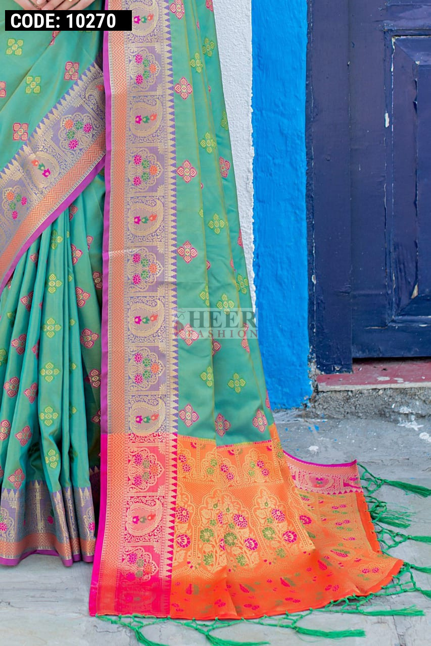Colorblocked Banarasi Silk Saree with Meenakari Zari Floral Motifs