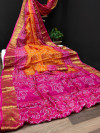 Multi color soft bandhani saree with khadi printed work