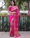 Rani pink color pure hand bandhej silk saree with zari weaving work