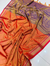 Red color soft muslin silk saree with woven design