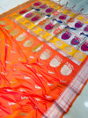 Peach color paithani silk saree with silver zari weaving work