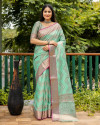 Sea green color linen silk saree with golden zari weaving work