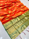 Peach color banarasi silk saree with golden zari weaving work