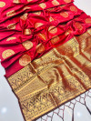 Maroon color banarasi silk saree with golden zari weaving work