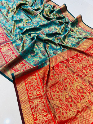 Firoji color banarasi silk saree with golden zari weaving work
