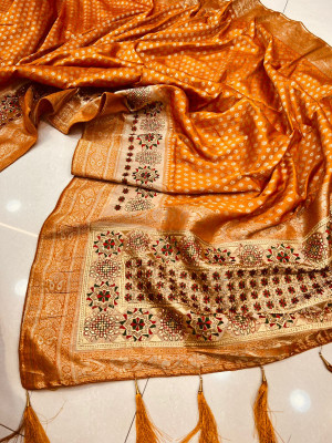 Mustard yellow color banarasi silk saree with golden zari weaving work