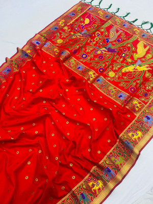 Red color paithani silk saree with golden zari weving work