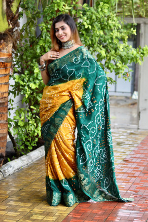 Multi color bandhani saree with khadi printed work