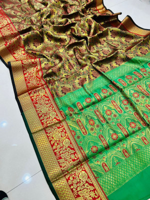 Beige color banarasi silk saree with golden zari weaving work