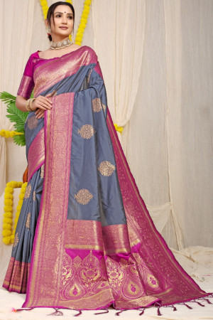Gray color banarasi silk saree with zari weaving work