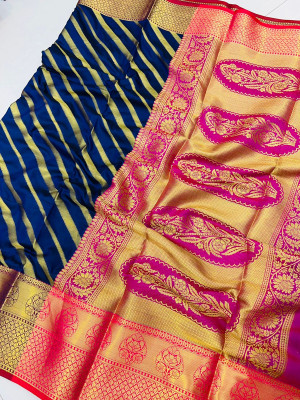 Navy blue color kanchipuram silk saree with golden zari weving work