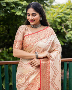 Off white color linen silk saree with golden  zari weaving work