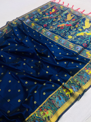 Navy blue color paithani silk saree with golden zari weving work