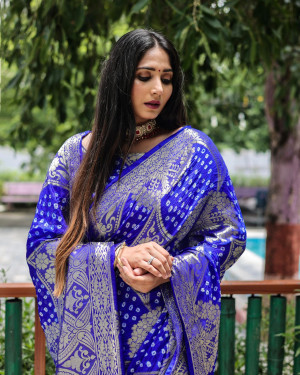Royal blue color pure hand  bandhej silk saree with zari weaving work