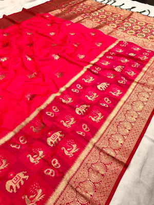 Gajari color banarasi silk saree with golden zari weaving work