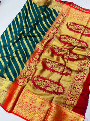 Dark green color kanchipuram silk saree with golden zari weving work