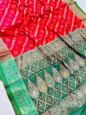 Red color bandhani silk saree with zari weaving work