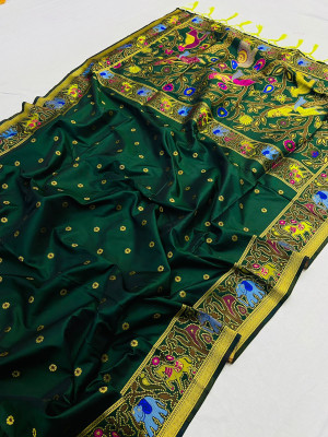 Dark green color paithani silk saree with golden zari weving work