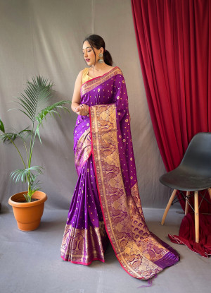 Wine color soft banarasi silk saree with zari weaving work