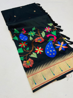 Black color paithani silk saree with golden zari weaving work
