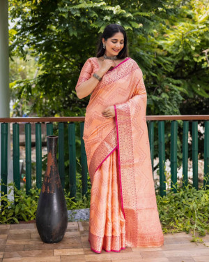 Peach color linen silk saree with goloden  zari weaving work