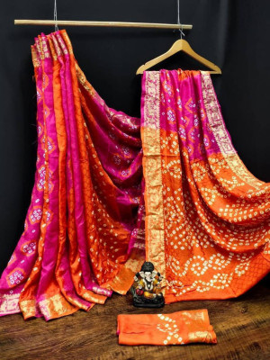 Multi color soft bandhej silk saree with zari weaving work