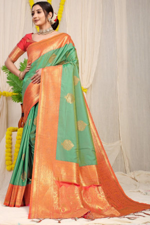 Light green color banarasi silk saree with zari weaving work