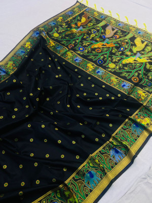Black color paithani silk saree with golden zari weving work