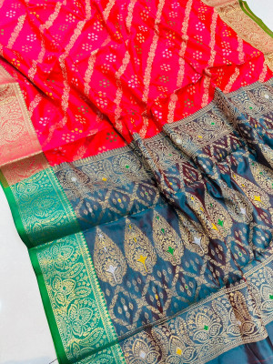 Gajari color bandhani  silk saree with zari weaving work