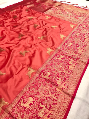 Peach color banarasi silk saree with golden zari weaving work