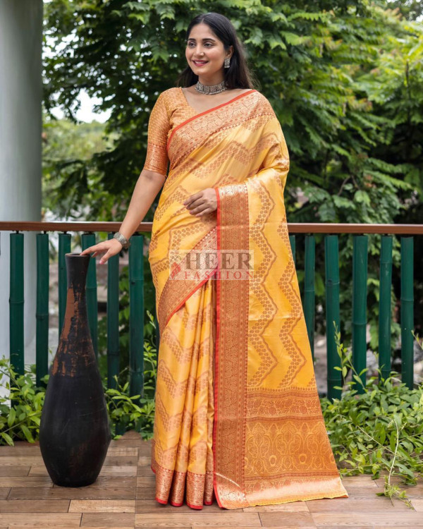 Pink and Yellow Ombre Saree in Silk Linen with Gold Border