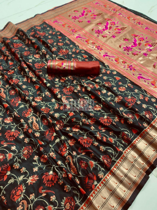 Black color paithani silk saree with zari weaving work