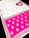 Off white and pink color banarasi silk saree with zari weaving work