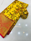 Yellow color kanchipuram silk saree with kalamkari design