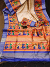 Beige and orange color tussar silk saree with kalamkari printed design
