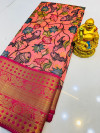 Gajari color kanchipuram silk saree with kalamkari design