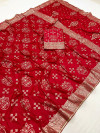 Red color soft dola silk saree with zari weaving work