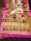 Beige and mustard yellow color tussar silk saree with kalamkari printed design