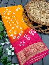 Orange and pink color hand bandhej silk saree with zari weaving work