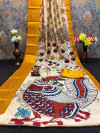 Off white color soft pashmina silk saree with kalamkari printed work