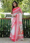 White color soft linen cotton saree with digital printed work