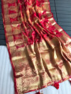 Beige and red color organza silk saree with zari weaving work