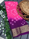 Pink and violet color hand bandhej silk saree with zari weaving work